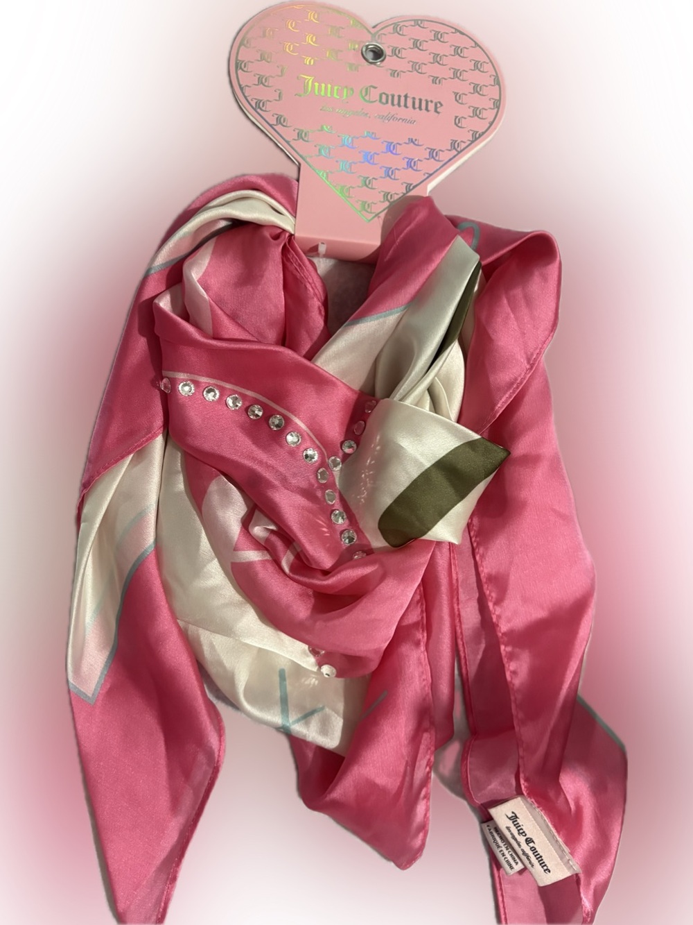 🍒 Juicy Couture Pink & Cream Silk-Like Scarf with Large Cherry Logo w/Crystals
